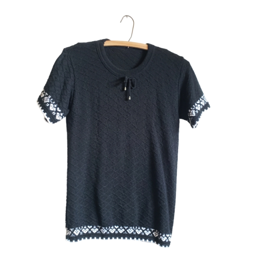 Vintage black white knit short sleeve women's sweater cottagecore feminine sz XS